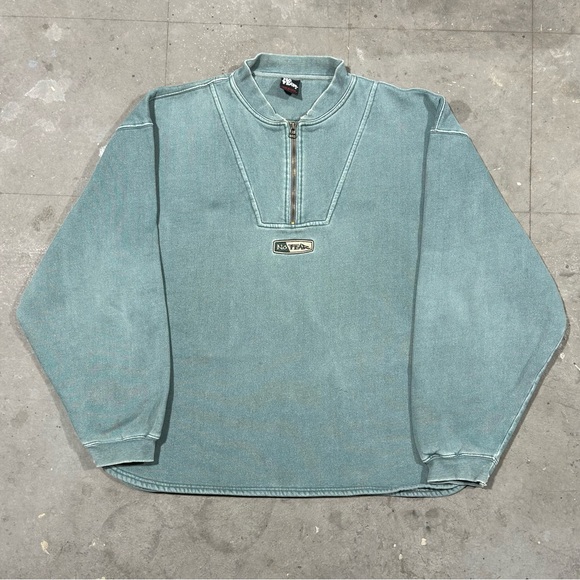 Vintage Y2K No Fear Men's Green Faded 1/4 Zip Pullover Sweatshirt Embroidered - Picture 1 of 8